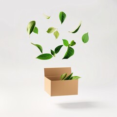 Fresh leaves floating out of a cardboard box against a white backdrop.