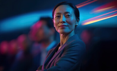 Obraz premium Successful Asian female leader with subtle smile standing poised under pink and blue neon lights 