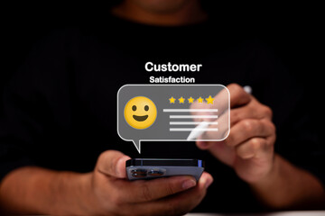 A person holding a smartphone with a digital overlay showing customer satisfaction, a smiling emoji, and a five-star rating.