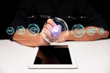 A person interacts with a digital interface on a tablet, highlighting AI and technology concepts with futuristic icons and graphics.