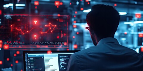 Focused technician reviewing complex data visualizations on multiple monitors in a dark, technologically advanced environment.  Red graphical overlays highlight key data points