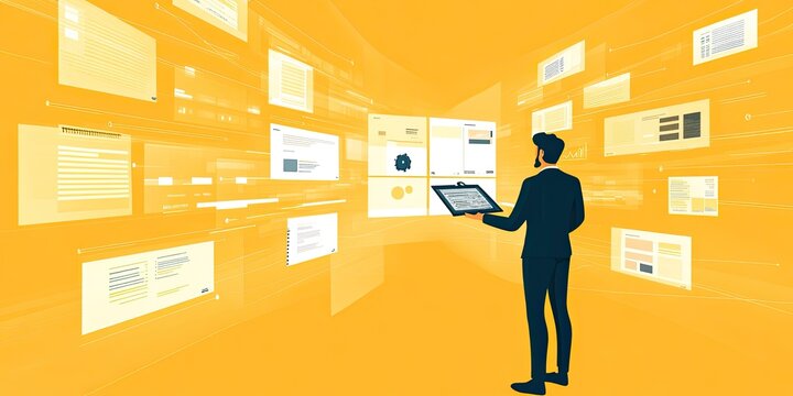 A businessman stands amidst a virtual presentation room filled with overlapping screens displaying data and information