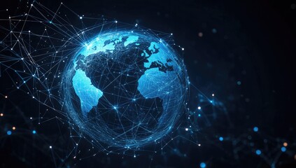 Global network.  A blue globe, intricately connected by a web of lines and points, implying global communication