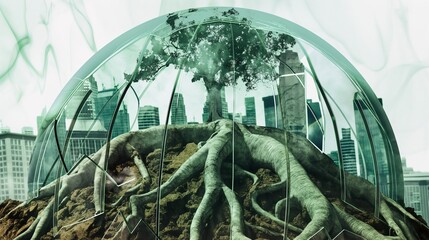 Nature Under Glass: Tree thriving against an urban skyline backdrop.