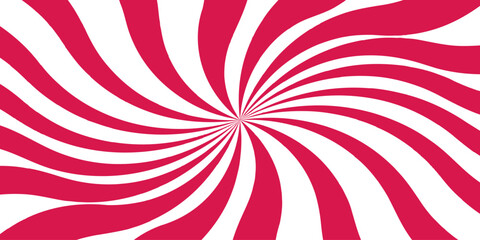 Abstract vivid spiral pattern featuring alternating red and white wavy radial lines.Swirling lines twist outward with curvature with motion. red nougat dessert wallpaper for template, banner.