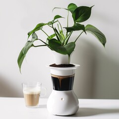 Plant atop unique coffee maker with beverage on a bright white table.