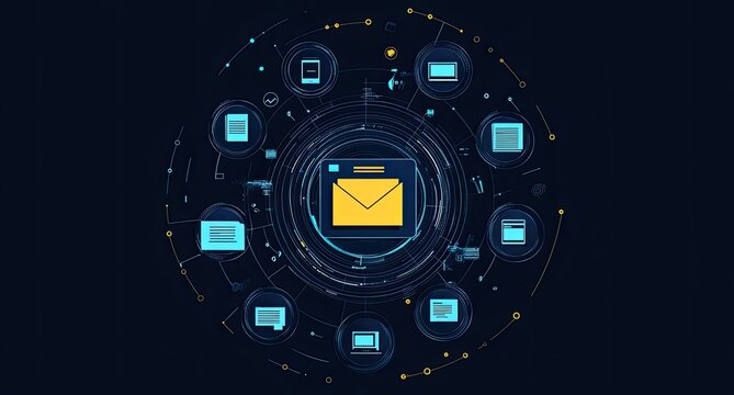 A digital network graphic of email communication, with various devices and data icons circling around a central yellow envelope.  Visualizes the interconnectedness of email
