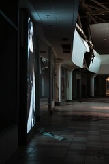 Abandoned shopping mall interior with ceiling damage and destruction