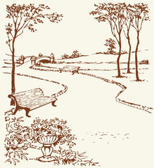 Vector landscape. Banches along the alleys of the park