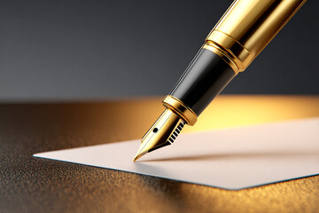 Golden Fountain Pen on Paper Close Up Writing Instrument