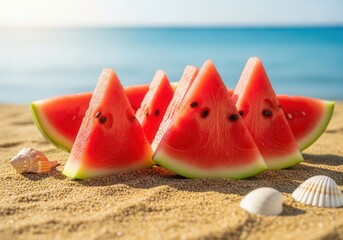 Watermelon slices on sandy beach sunny sky