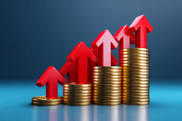 Financial Growth Concept with Red Arrows and Gold Coin Stack
