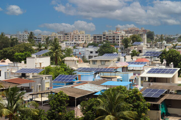 City view of Solar panel system on the terrace. Domestic use of Solar panel Electricity system System