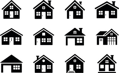 Set of black house icons in different architectural styles vector illustration.