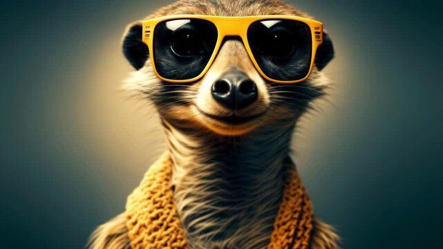 Cooles Erdm&auml;nnchen mit Sonnenbrille und Schal in Studio-Pose. K&uuml;nstliche Intelligenz KI