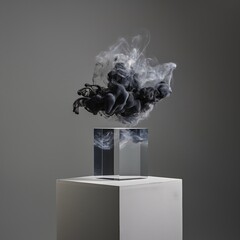 Smoke Sculpture: Ethereal ink suspended above a glass cube on a pedestal
