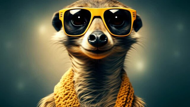 Cooles Erdm&auml;nnchen mit Sonnenbrille und Schal in Studio-Pose. K&uuml;nstliche Intelligenz KI