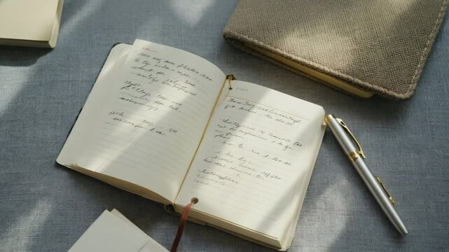 Open Journal with Handwritten Notes and a Pen on a Surface with Soft Shadows