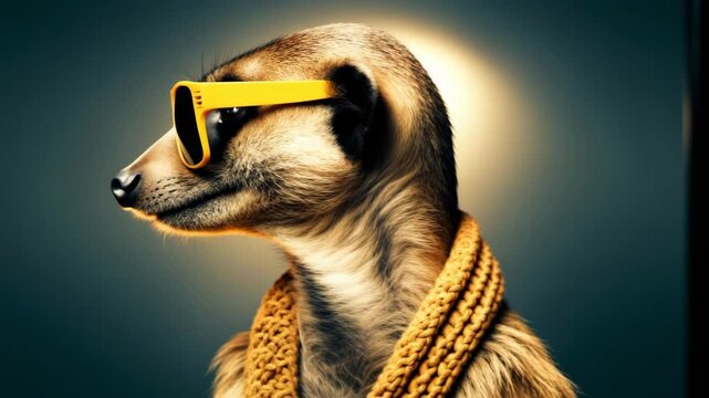 Cooles Erdm&auml;nnchen mit Sonnenbrille und Schal in Studio-Pose. K&uuml;nstliche Intelligenz KI