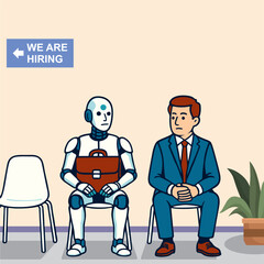 Businessman, AI robot sit in waiting room for job interview.