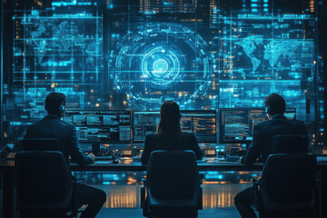 people at desk, interacting with futuristic interface on large screen.