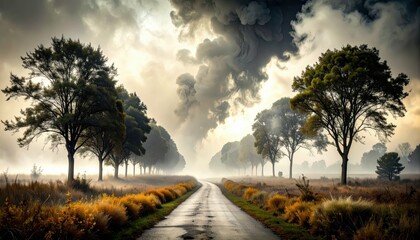 Fototapeta premium Mysterious Swirling Smoke Signals Above a Dark Pathway with Trees