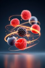 Mixed berries hover in a captivating swirl with sparkle and light effects
