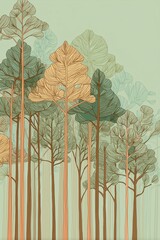 Stylized forest illustration with tall trees and detailed line work.