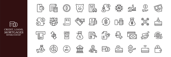 Credit, Loans and Mortgages web icons in outline style. Credit card, deposit, car leasing, rate interest, calculator, income, rating, collection. Editable stroke outline icon