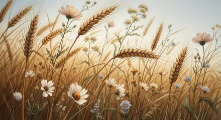 Wildflowers wheat in golden field