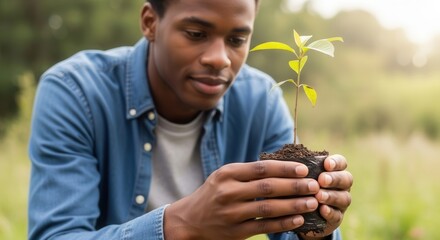 Young man nurturing small plant in hands outdoors