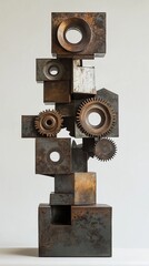 Abstract bronze metal sculpture combining rotating gears and interlocking blocks