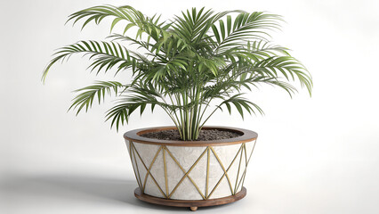 Photo of lush areca palm in a decorative pot, isolated on white background