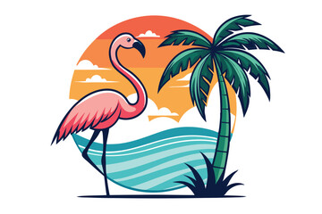 Flamingo and Summer Vibes T Shirt Vacation Style with Palm Tree Tropical Vector Illustration