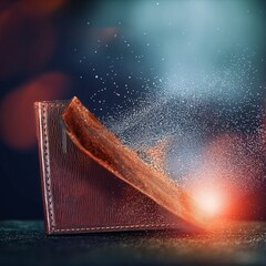 Elegant leather wallet shown in a dark setting with bright light effects.