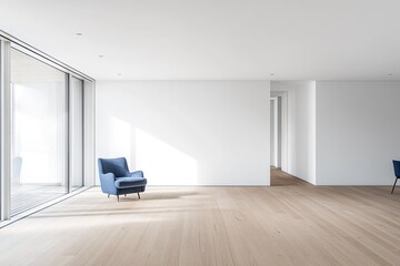 Fototapeta premium Bright, modern, empty room with blue armchair