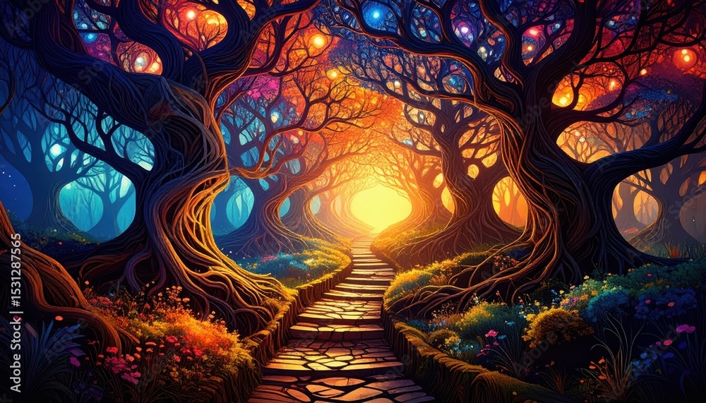 Poster abstract visualization of pathway with branching and interconnected thoughts