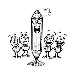 Black and White Cartoon Illustration of Expressive Pencil Character with Emotional Faces in Clean Layout