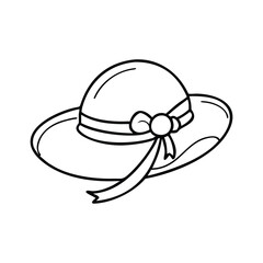 Elegant Black and White Line Drawing of Wide-Brimmed Hat with Decorative Ribbon and Bow Detailing