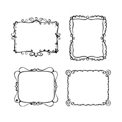 Hand Drawn Black and White Decorative Frames in Two Rows, Featuring Scalloped and Ornate Designs. 