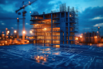 Building under construction with blueprint near scaffold.