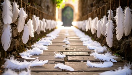 Obraz premium Serene Pathway Adorned with Woven Feathers and Soft Light