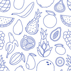 Seamless pattern with cute outline fruits and berries. Doodle fruits print for banner, wallpaper, textile, wrapping paper, background, cards. Vector illustration in flat style