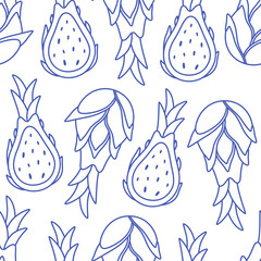 Seamless pattern with cute outline pitaya. Doodle  fruits print for banner, wallpaper, textile, wrapping paper, background, cards. Vector illustration in flat style