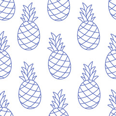 Seamless pattern with cute outline pineapples. Doodle  fruits print for banner, wallpaper, textile, wrapping paper, background, cards. Vector illustration in flat style