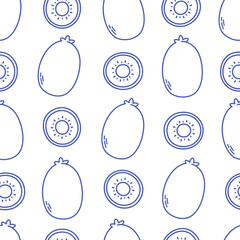Seamless pattern with cute outline kiwi. Doodle fruits print for banner, wallpaper, textile, wrapping paper, background, cards. Vector illustration in flat style