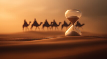 Hourglass and caravan in desert, time slipping away in shifting sands