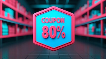 A vibrant 3D coupon graphic showing an 80% discount, set against a futuristic store aisle background with neon pink and blue tones.