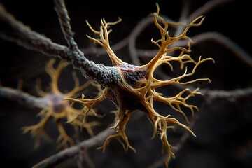 Close-up of neuron cells, highlighting their intricate structure against a dark, moody background.