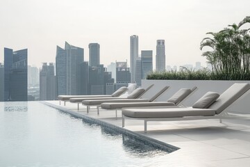 Rooftop pool with lounge chairs overlooking cityscape